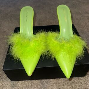 Azalea Wang Neon Green Feather Pointed-Toe Mule Heels